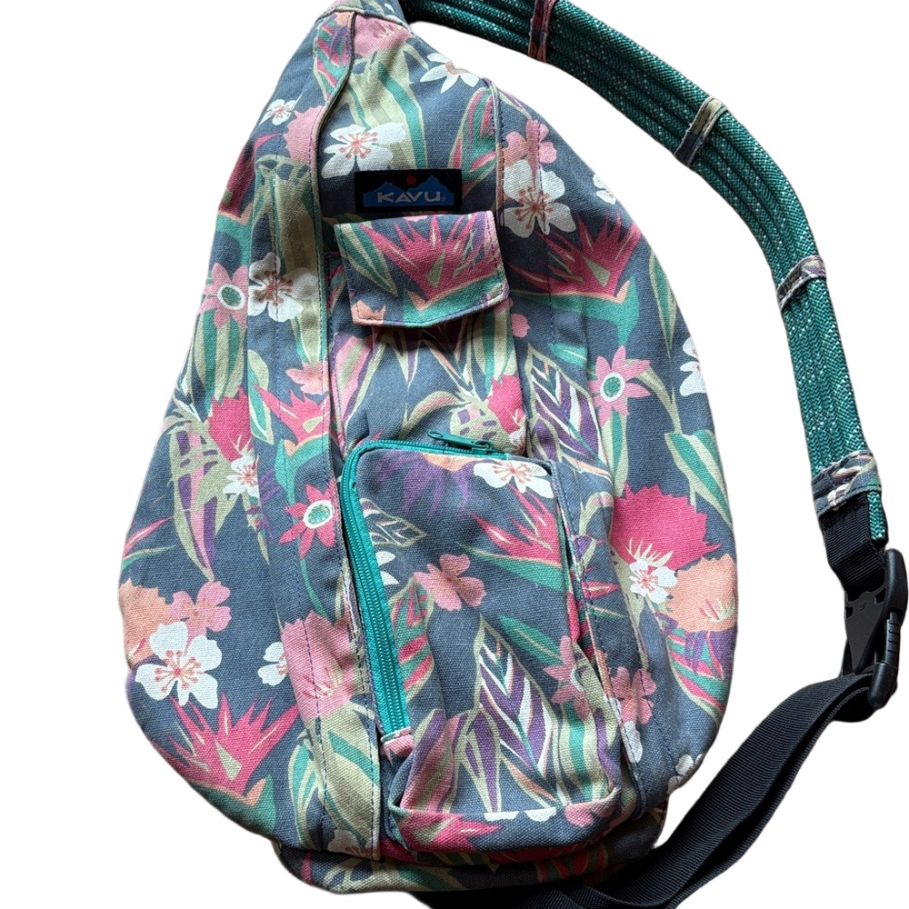 Kavu grey floral cloth rope sling bag/purse